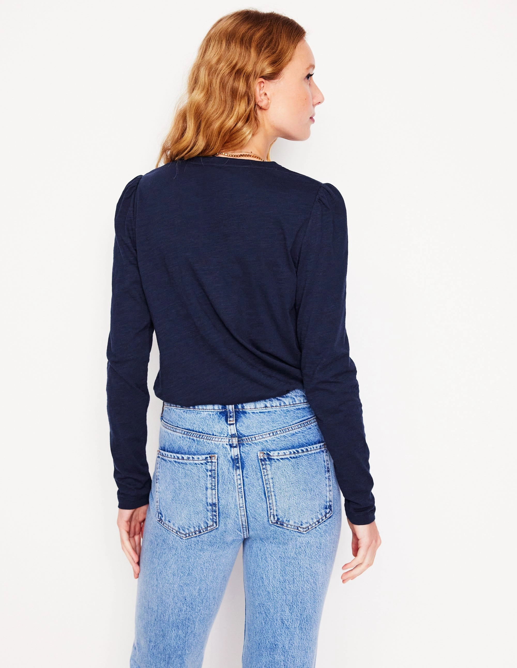 Ribbed Knit Fabric ButtonlessClosure Cotton Crew Long Sleeve Top-Navy