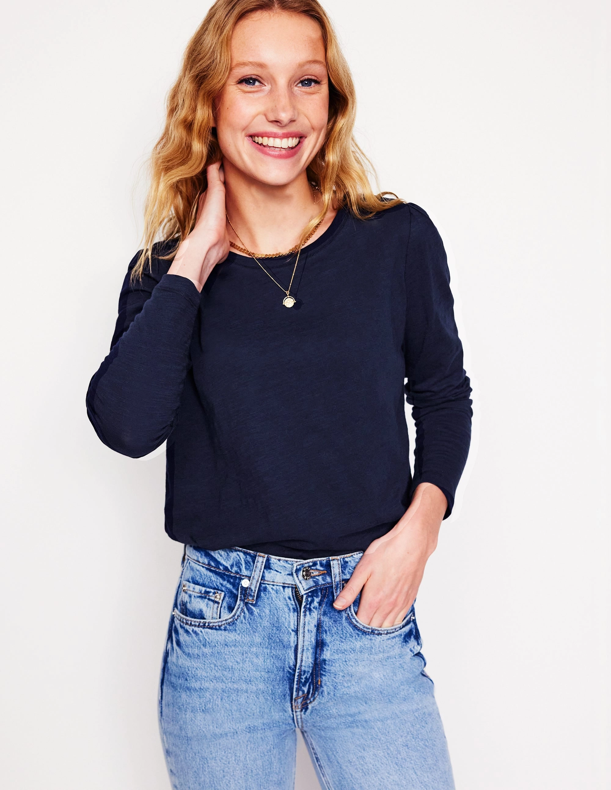 QuickReleaseFastenings Cotton Crew Long Sleeve Top-Navy