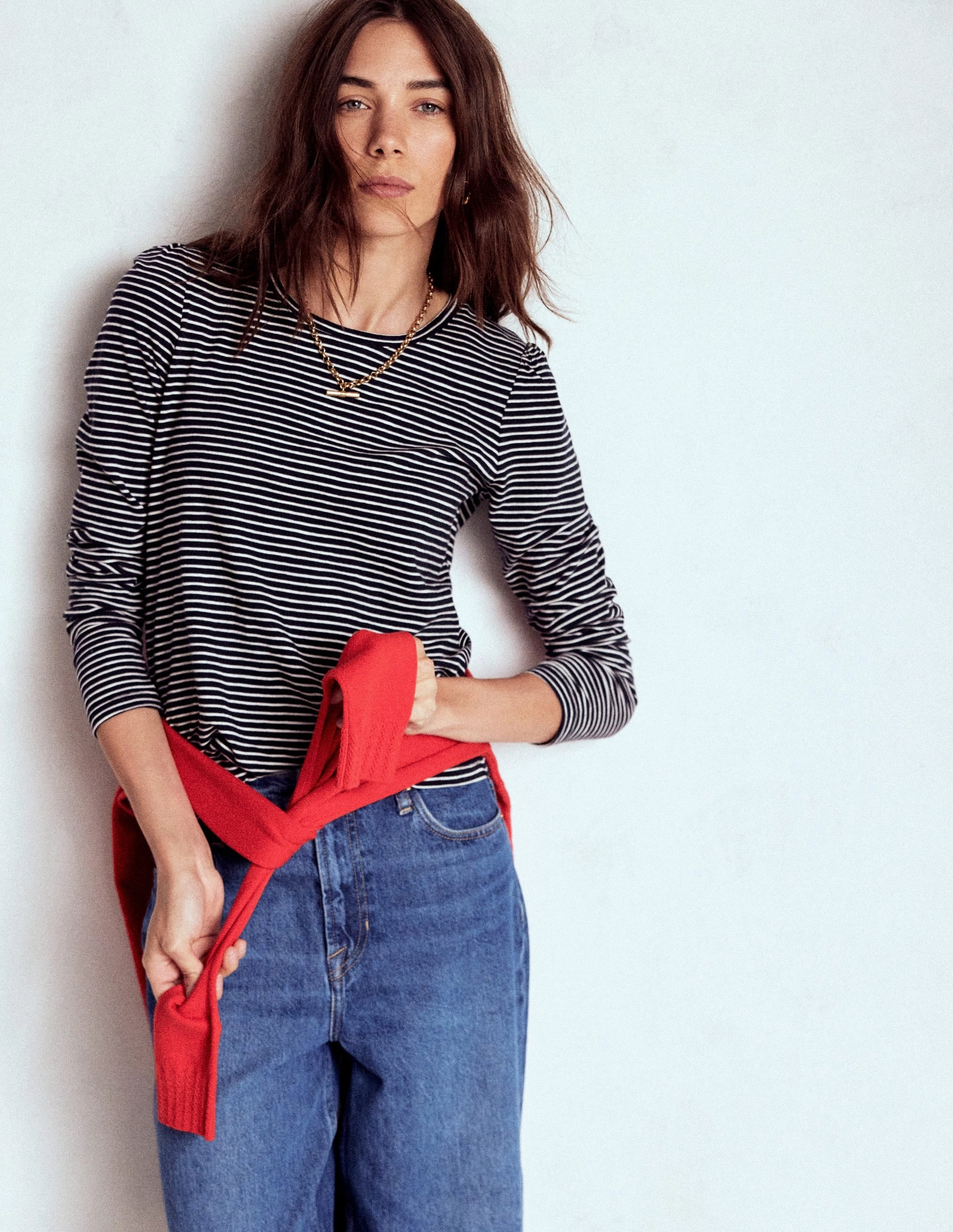 MinimalistStyle NonChafingEdges Cotton Crew Long Sleeve Top-Navy, Ivory Stripe