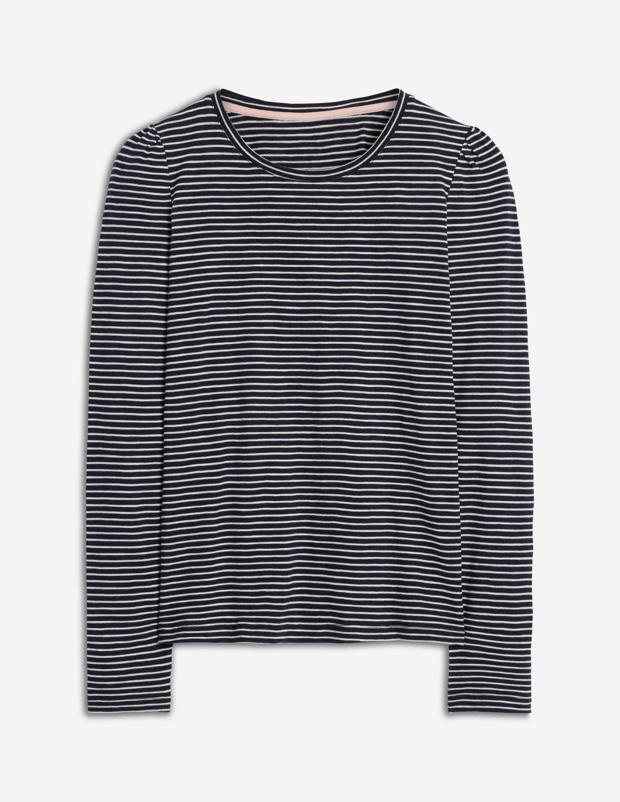 Classic Crewneck Design Earthy Tone Colorways Cotton Crew Long Sleeve Top-Navy, Ivory Stripe