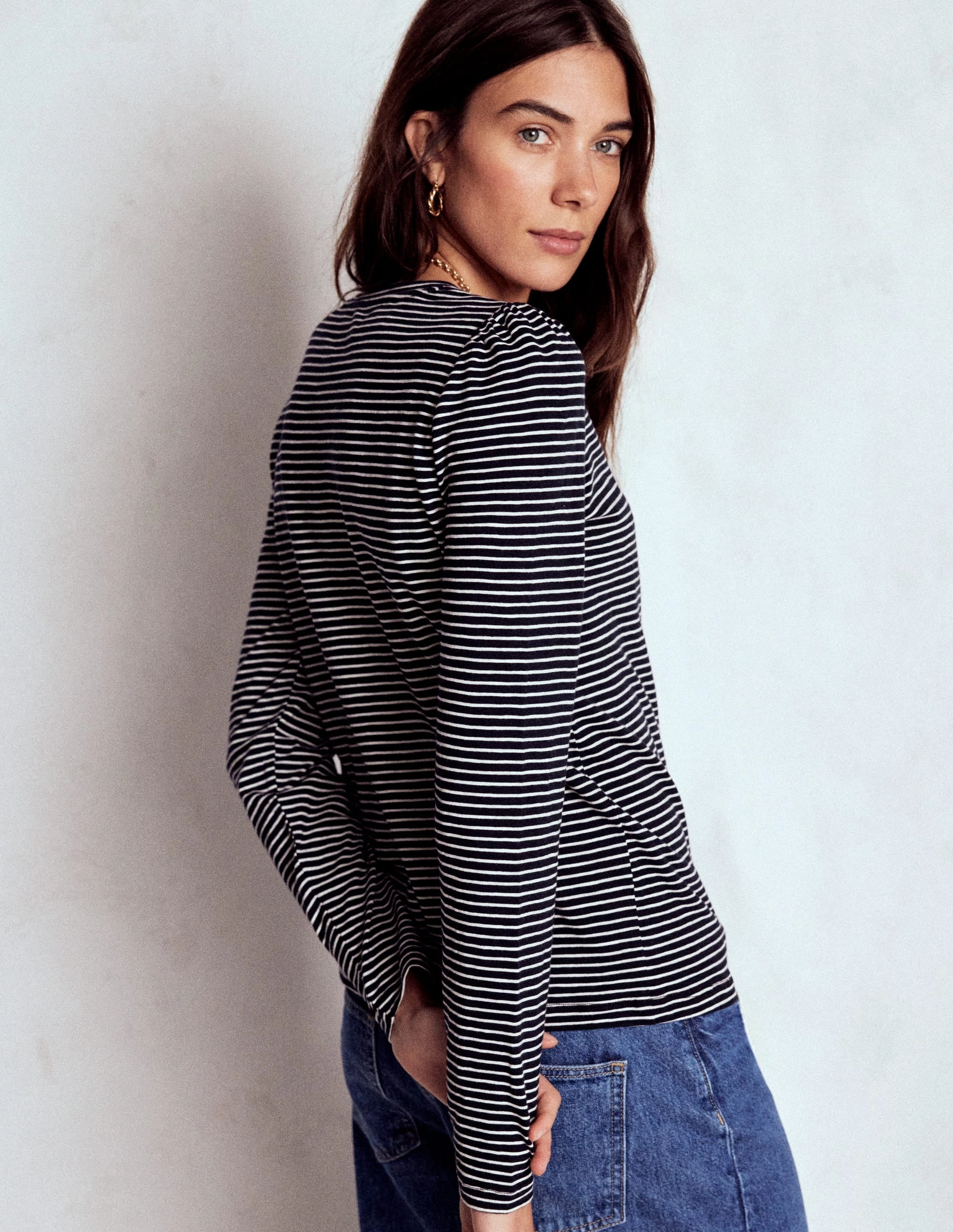 Cotton Crew Long Sleeve Top-Navy, Ivory Stripe Everyday Look