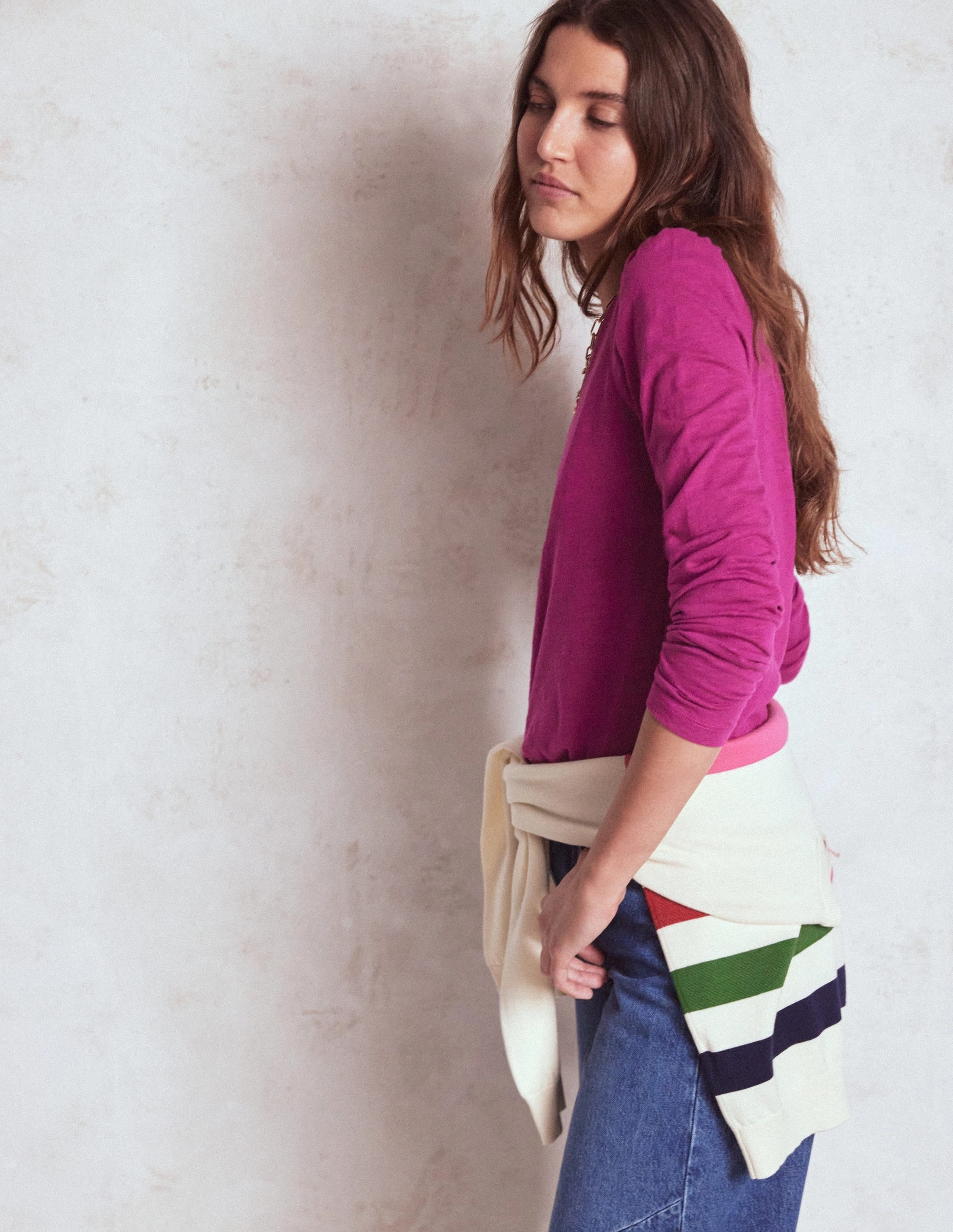 Wrinkle Free Weave Cotton Crew Long Sleeve Top-Rich Magenta