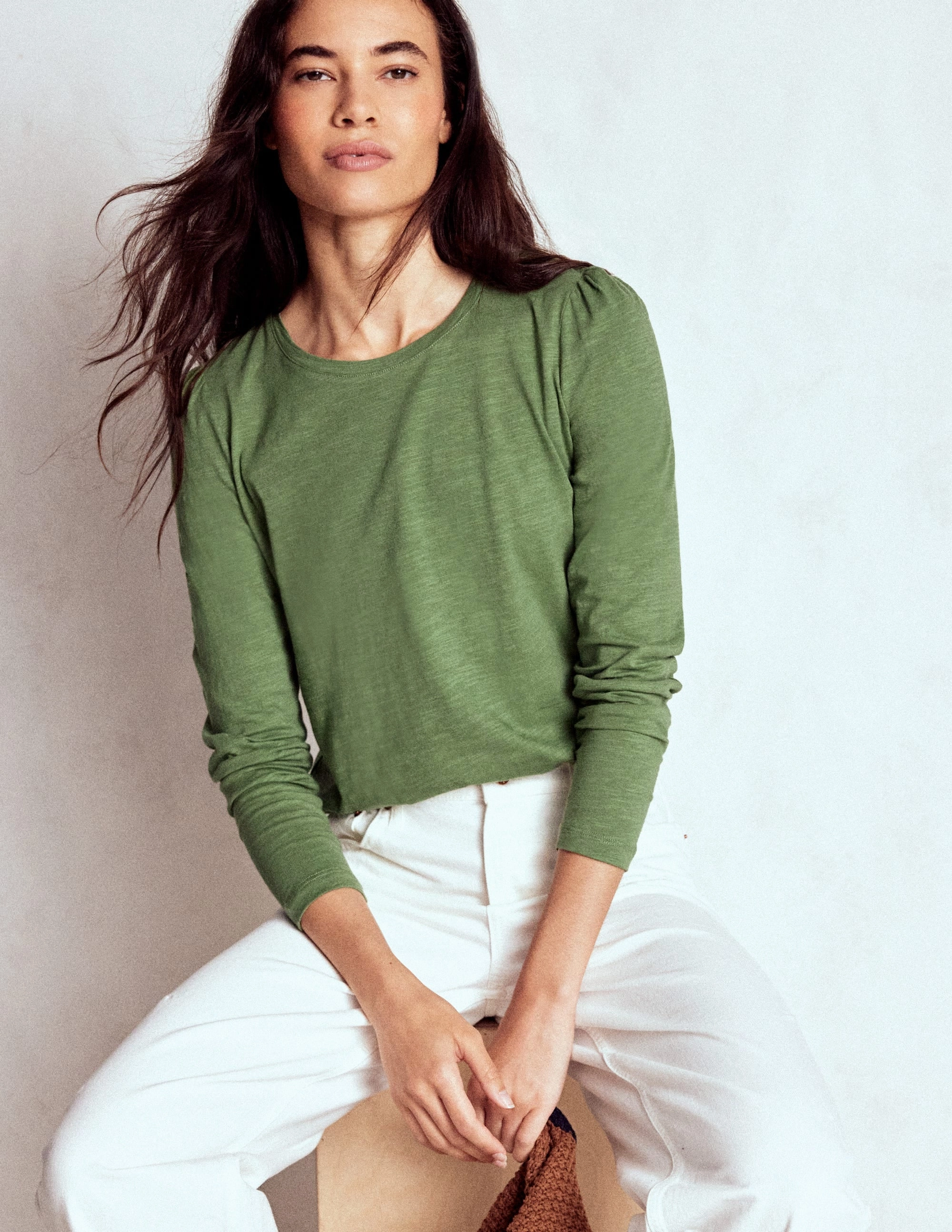 AllClimateAdaptive DurableReinforcement Cotton Crew Long Sleeve Top-Safari Green
