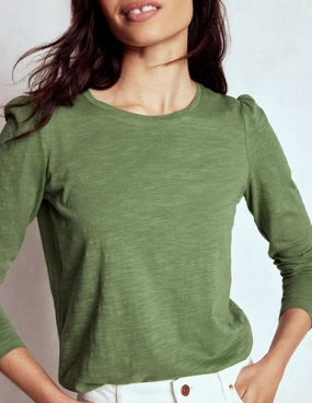 Snag Resistant Surface Stretch Fit Cotton Crew Long Sleeve Top-Safari Green