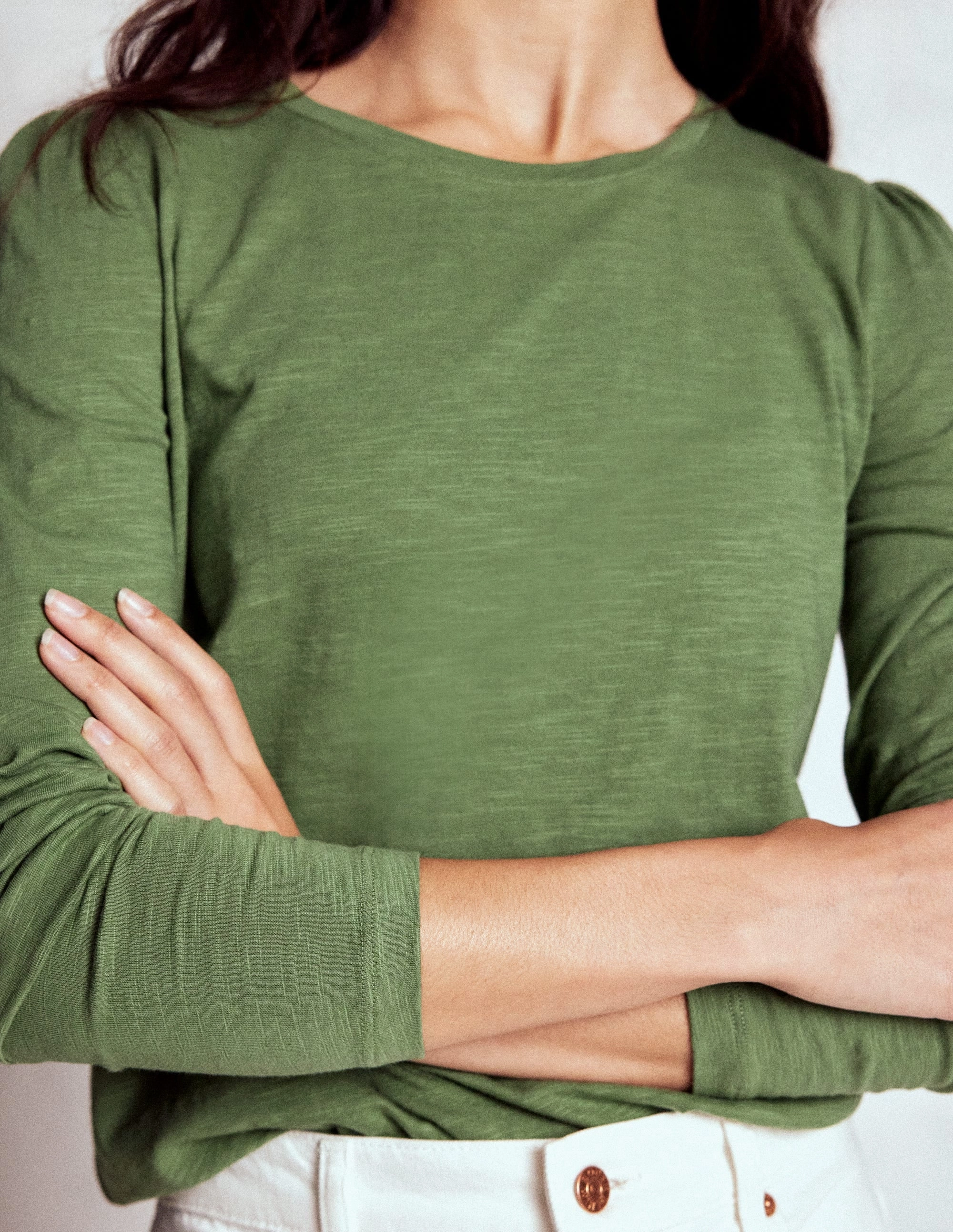 Softened Edges Cotton Crew Long Sleeve Top-Safari Green