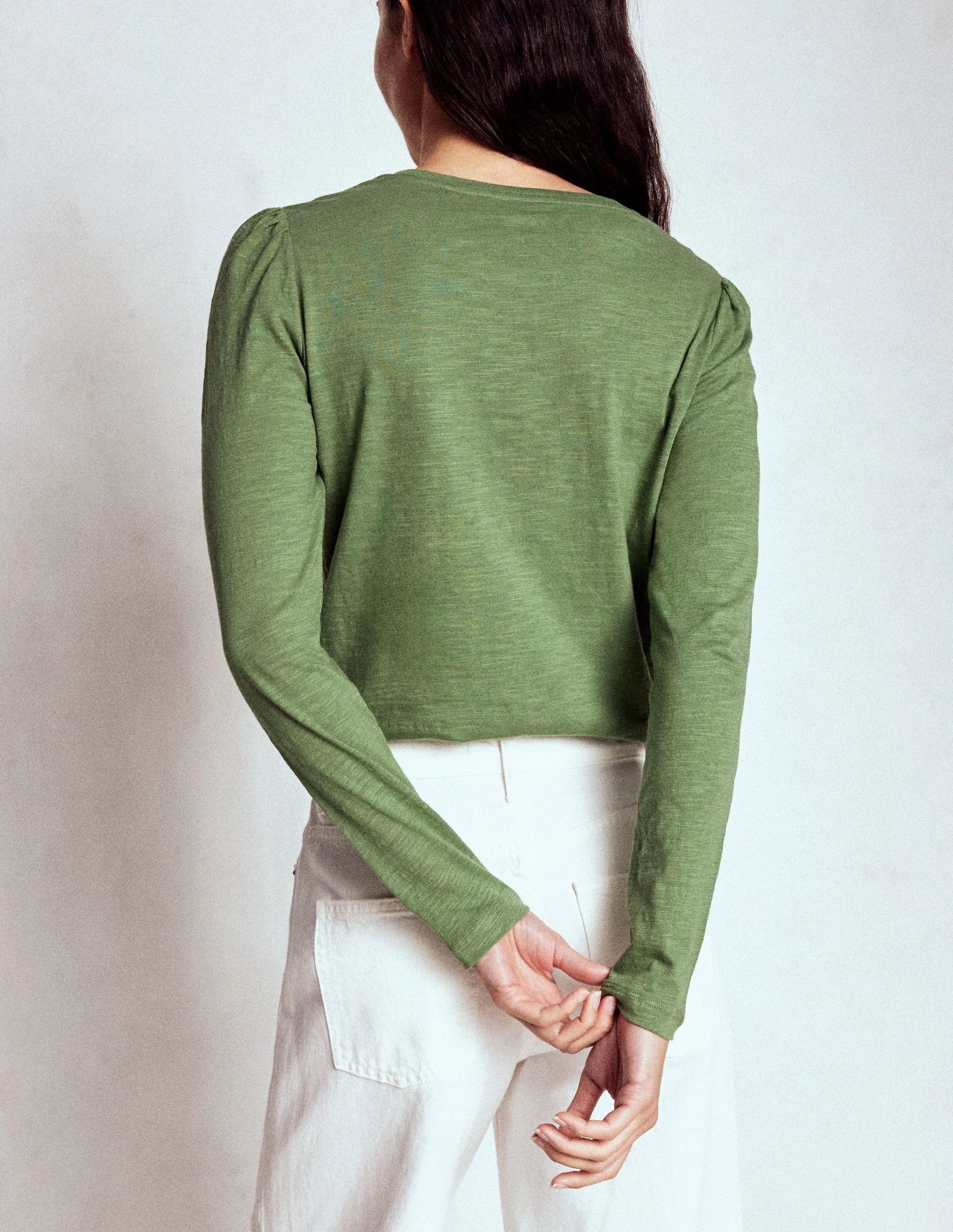 Cotton Crew Long Sleeve Top-Safari Green FlexibleRibbedTrims