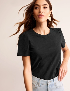 Recycled Polyester Blend Cotton Puff Sleeve T-Shirt-Black