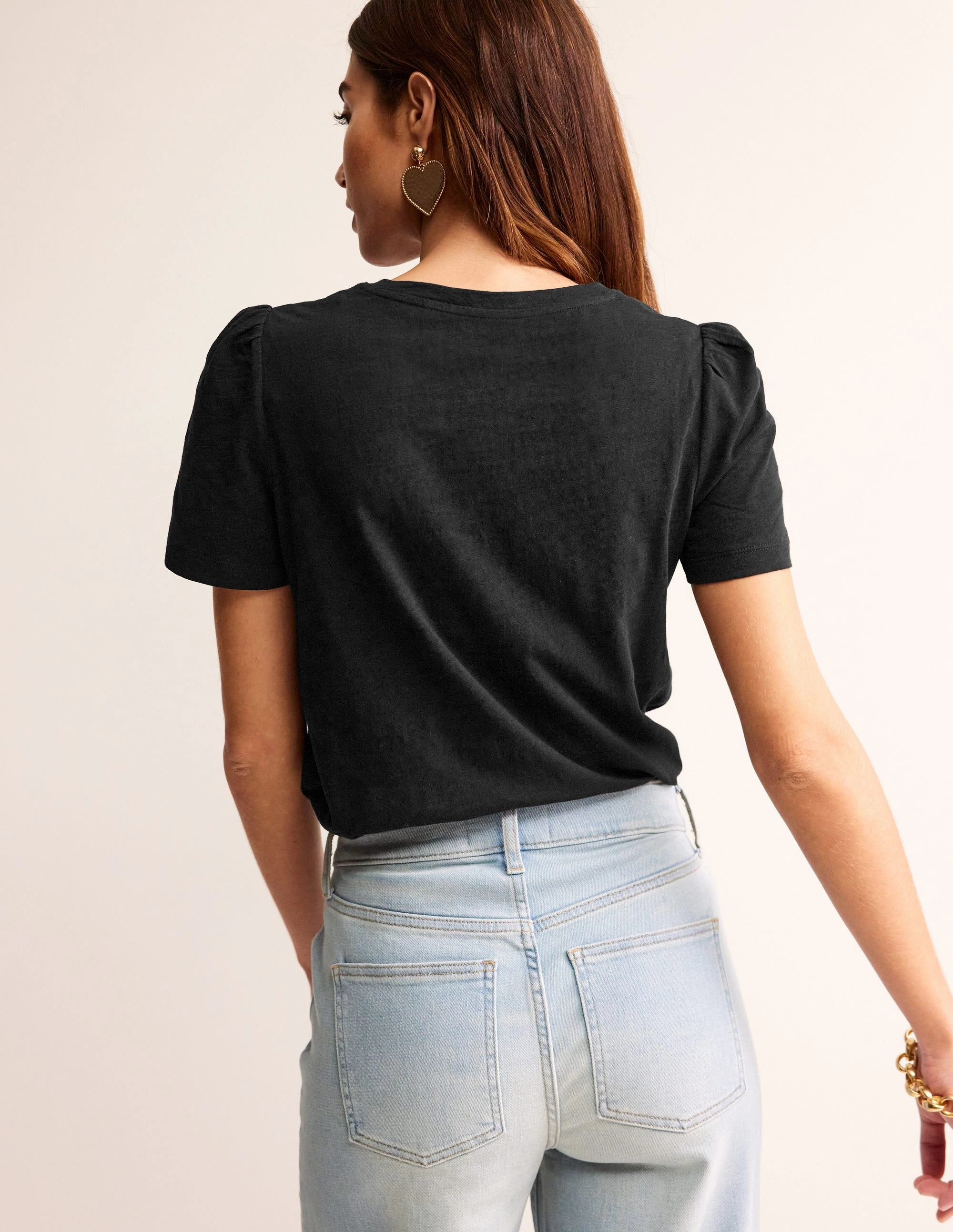 Cotton Puff Sleeve T-Shirt-Black ContrastStitching NonChafing Fabric