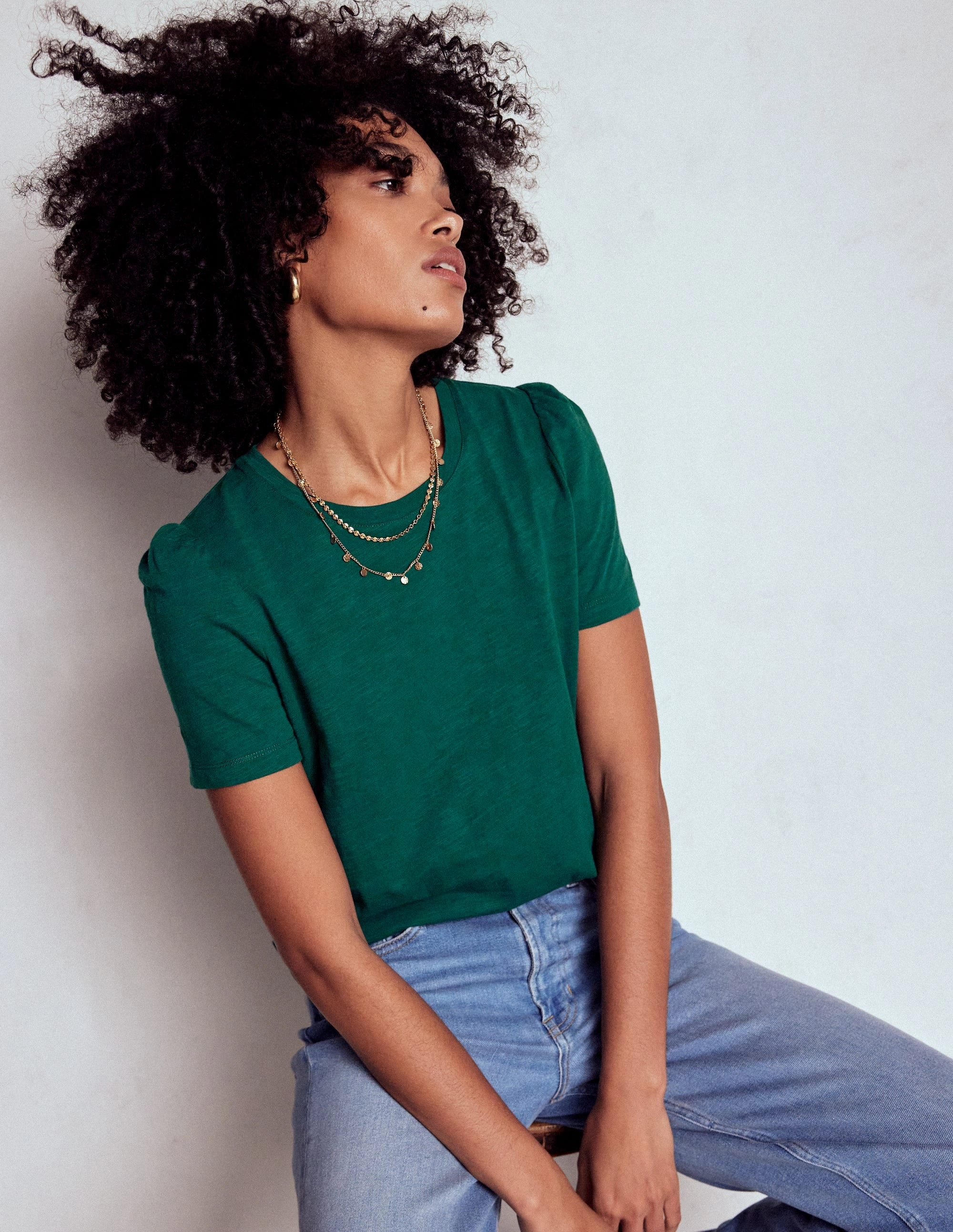 Cotton Puff Sleeve T-Shirt-Drake Green Airy Mesh Lining