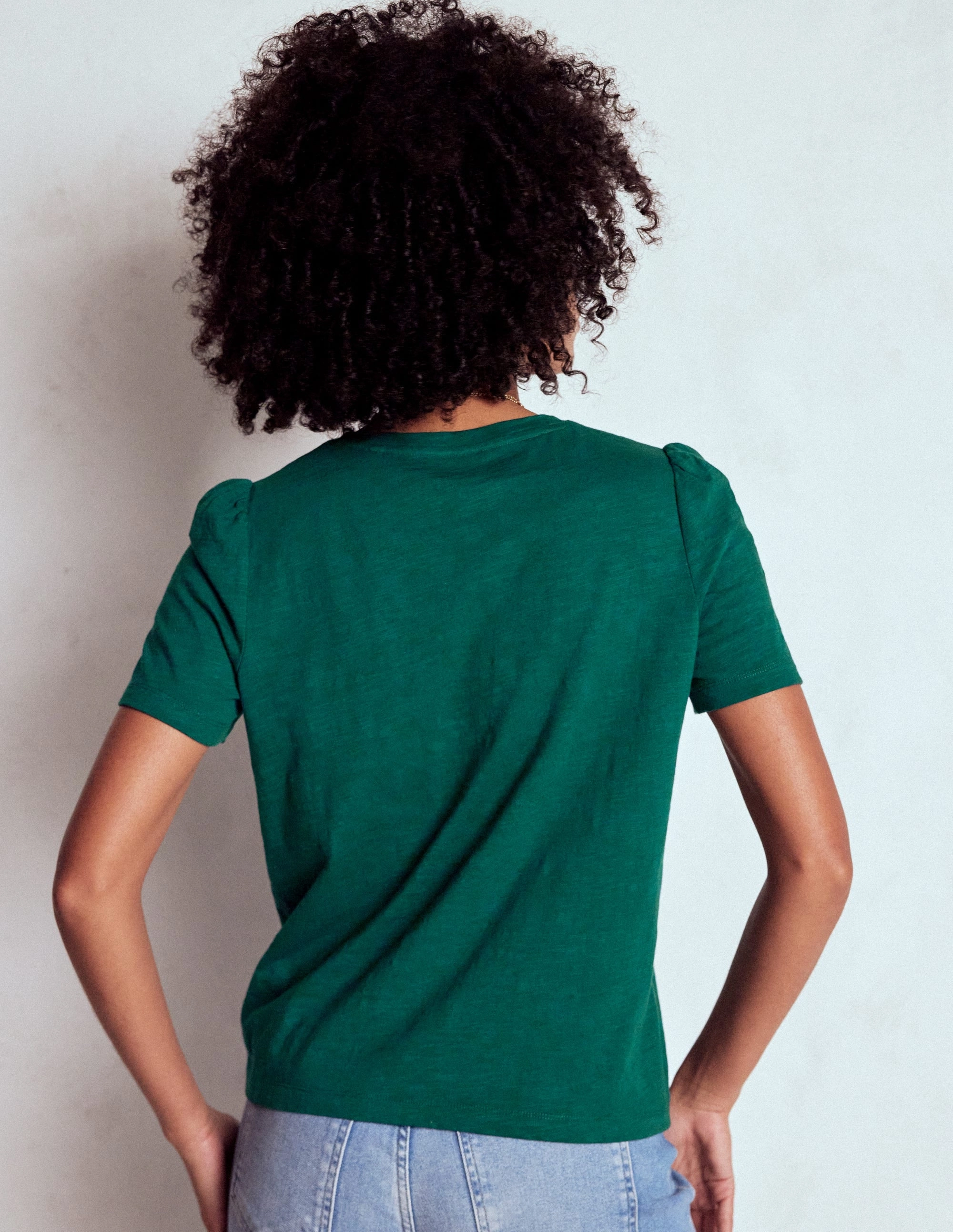 Flowing Design Recycled Polyester Material Cotton Puff Sleeve T-Shirt-Drake Green
