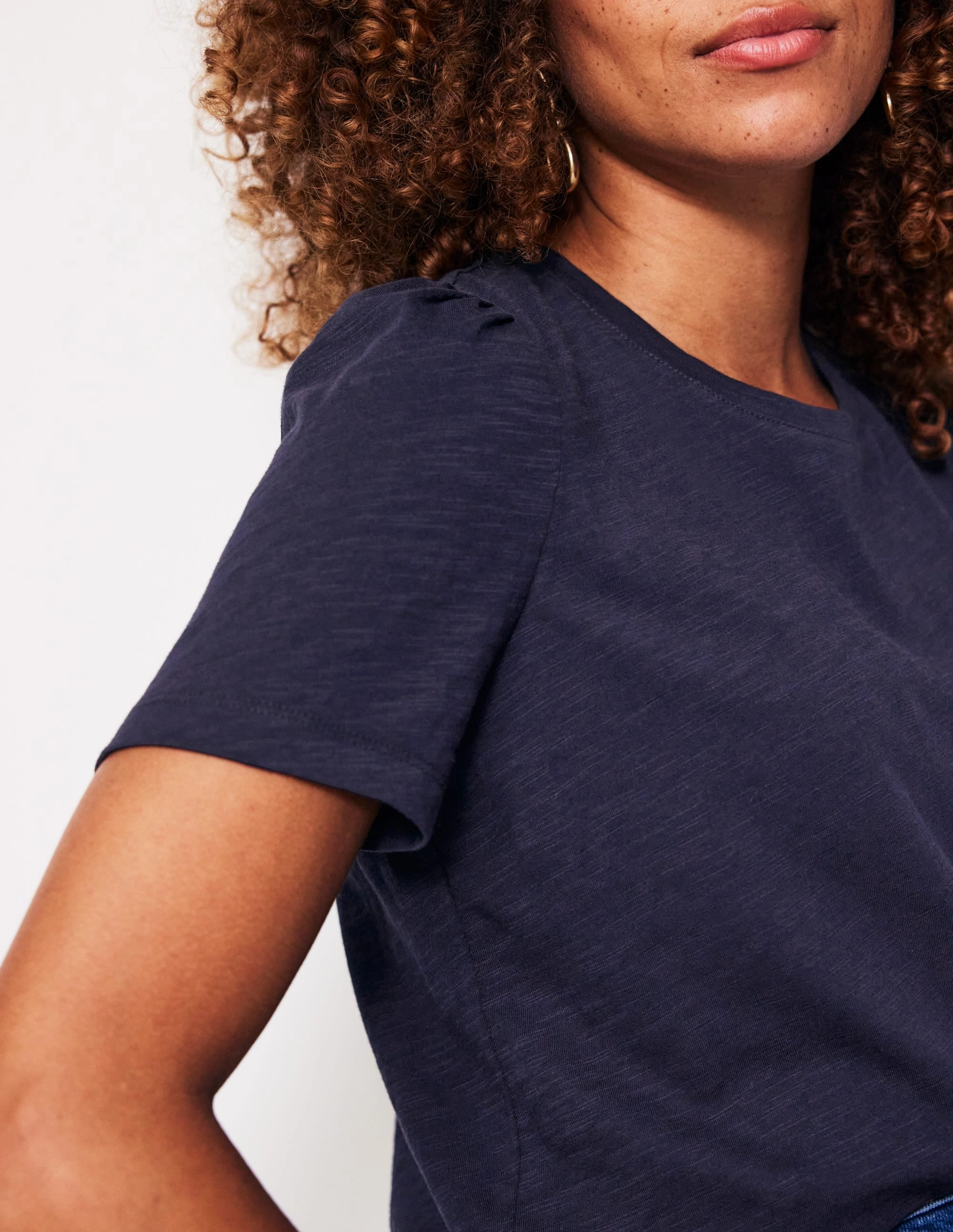 Wrinkle Resistant Finish EasyCareFabric Cotton Puff Sleeve T-Shirt-Navy