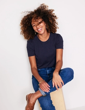 Soft Inner Lining Cotton Puff Sleeve T-Shirt-Navy