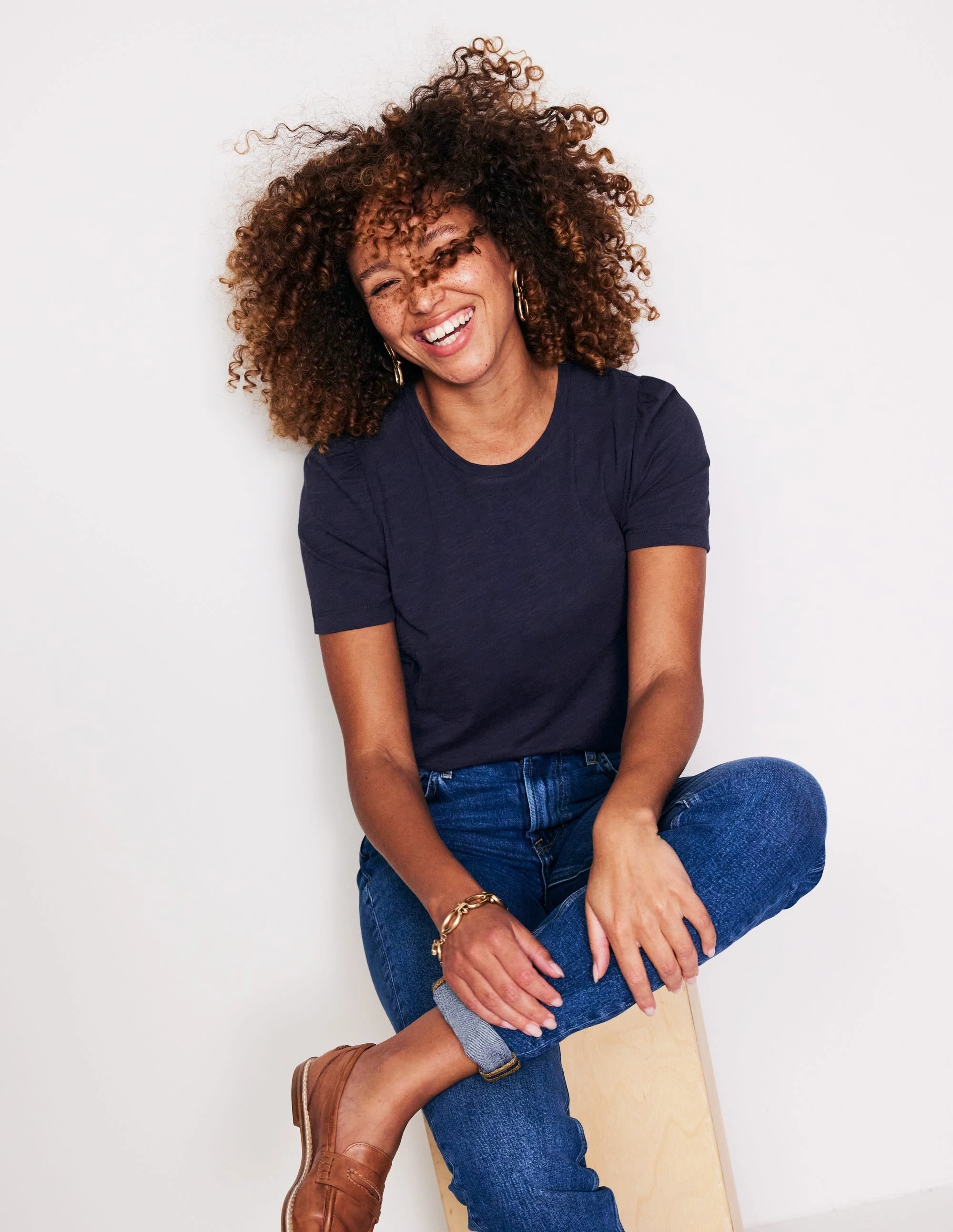 Soft Inner Lining Cotton Puff Sleeve T-Shirt-Navy
