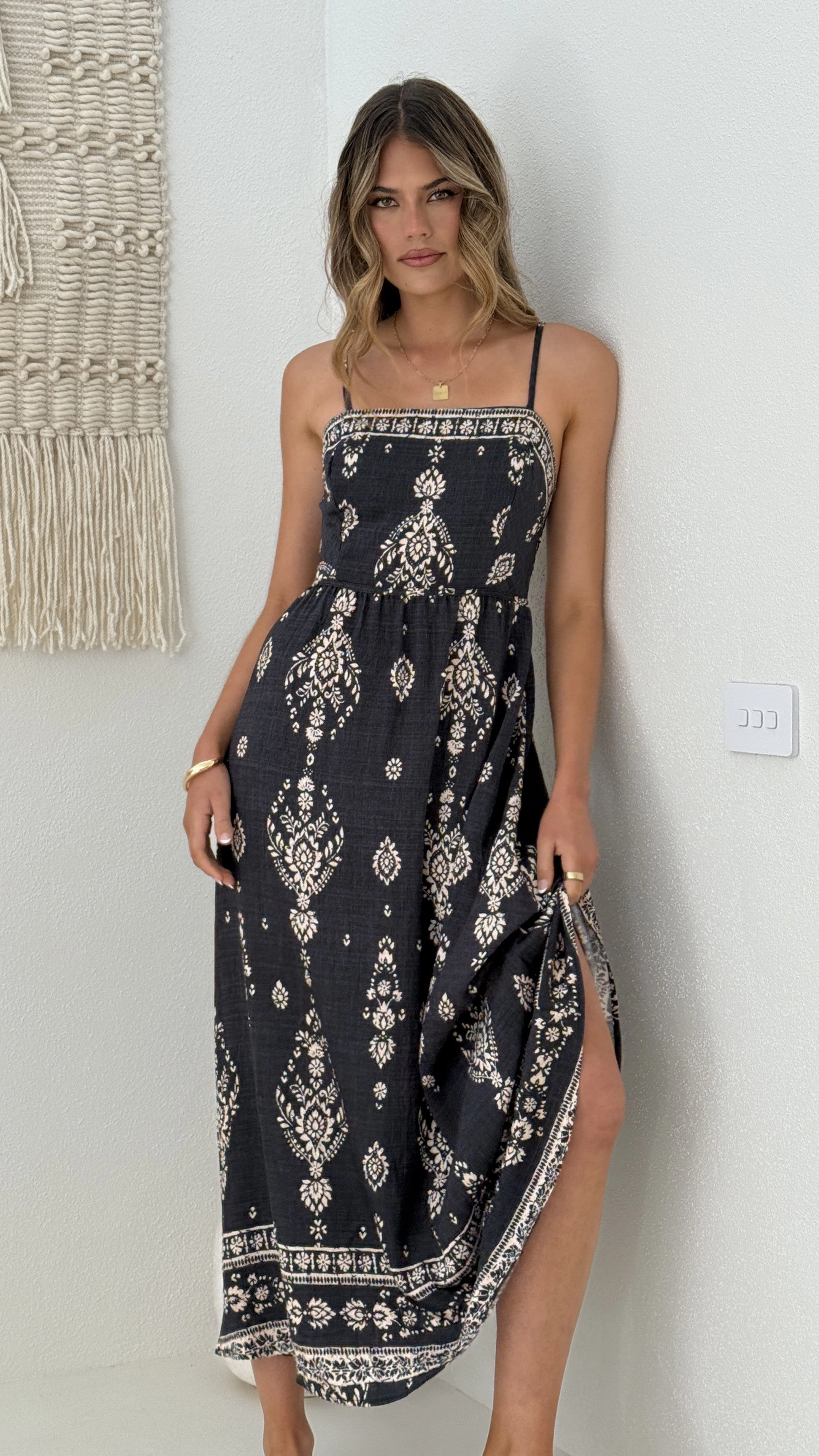 Patterned-Fabric Samara Maxi Dress - Black/Cream