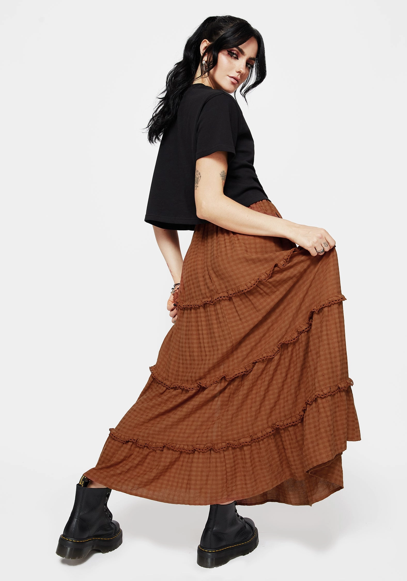 Soleil Cotton-Blend Check Tiered Maxi Skirt Easy Movement