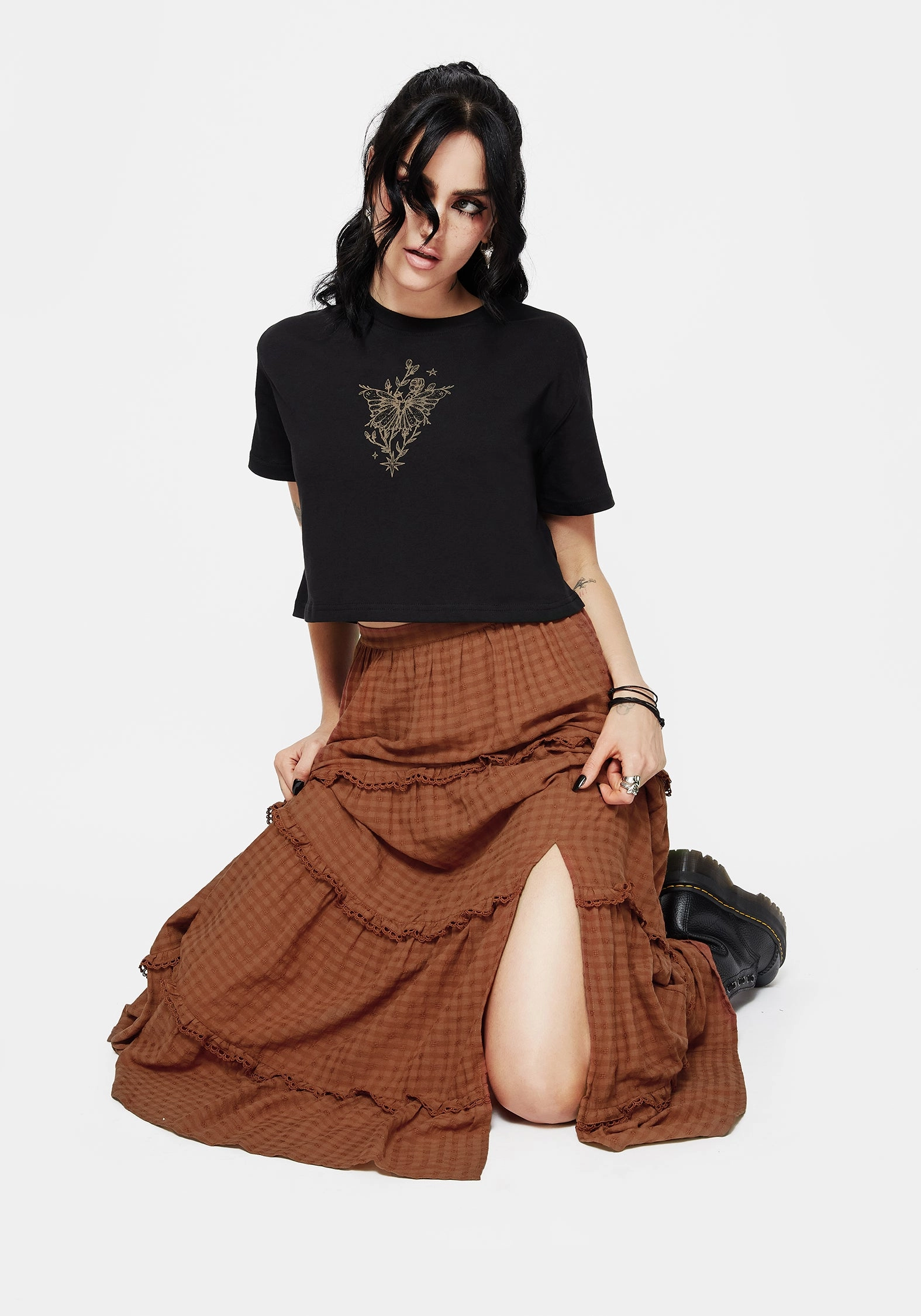 Durable Stitching Soleil Cotton-Blend Check Tiered Maxi Skirt