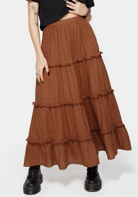 Vibe Shot Eco Friendly Dye Soleil Cotton-Blend Check Tiered Maxi Skirt