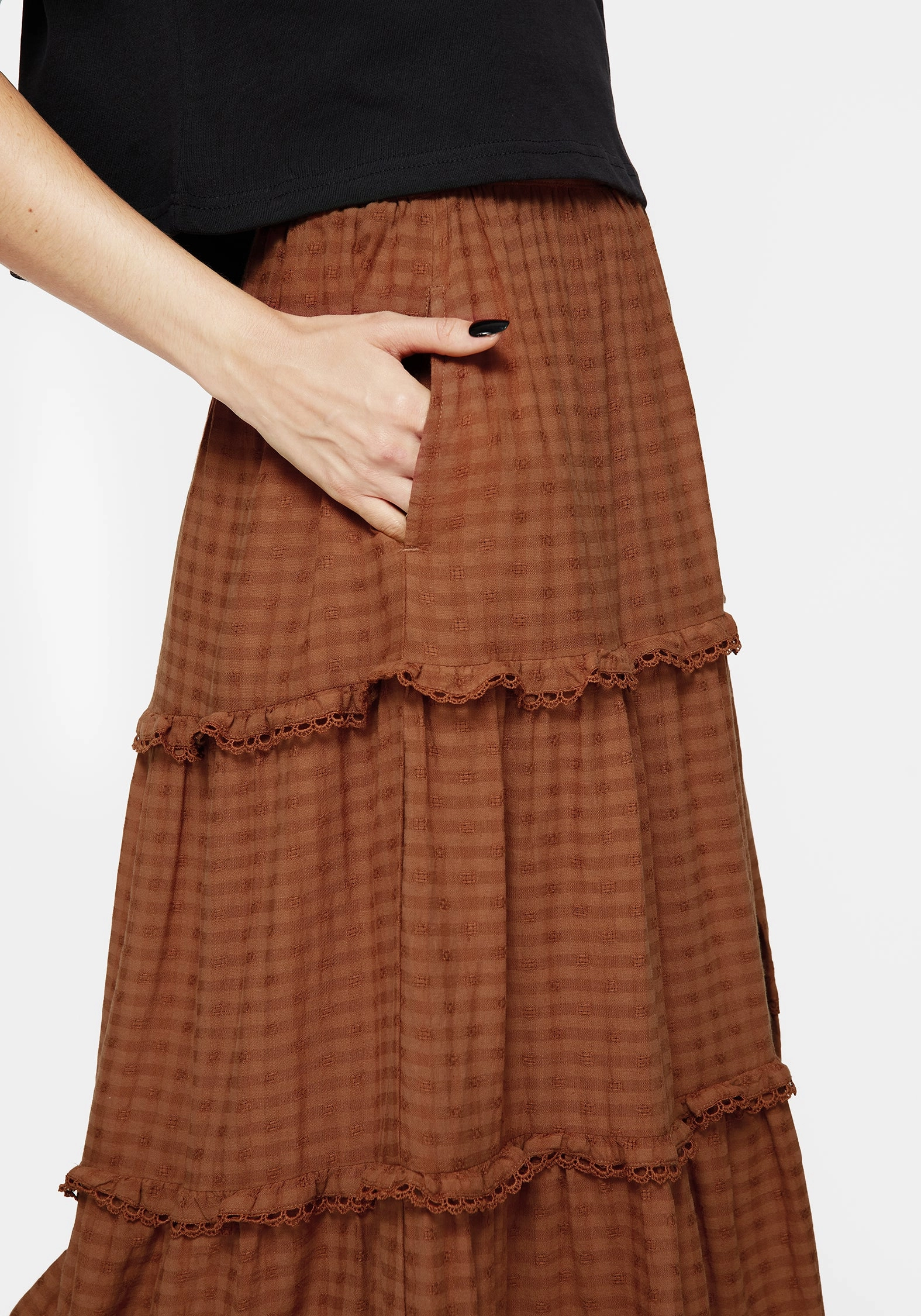 Refined Finish Mini length Soleil Cotton-Blend Check Tiered Maxi Skirt