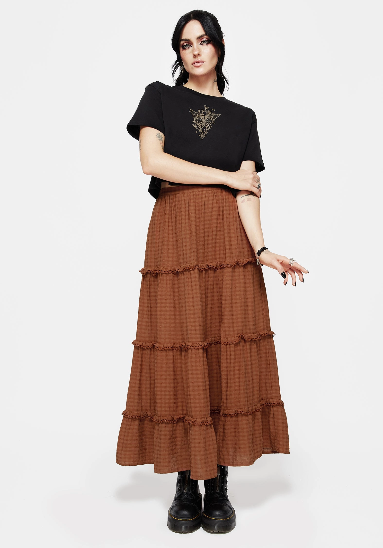 Striped Design Texture Focus Soleil Cotton-Blend Check Tiered Maxi Skirt