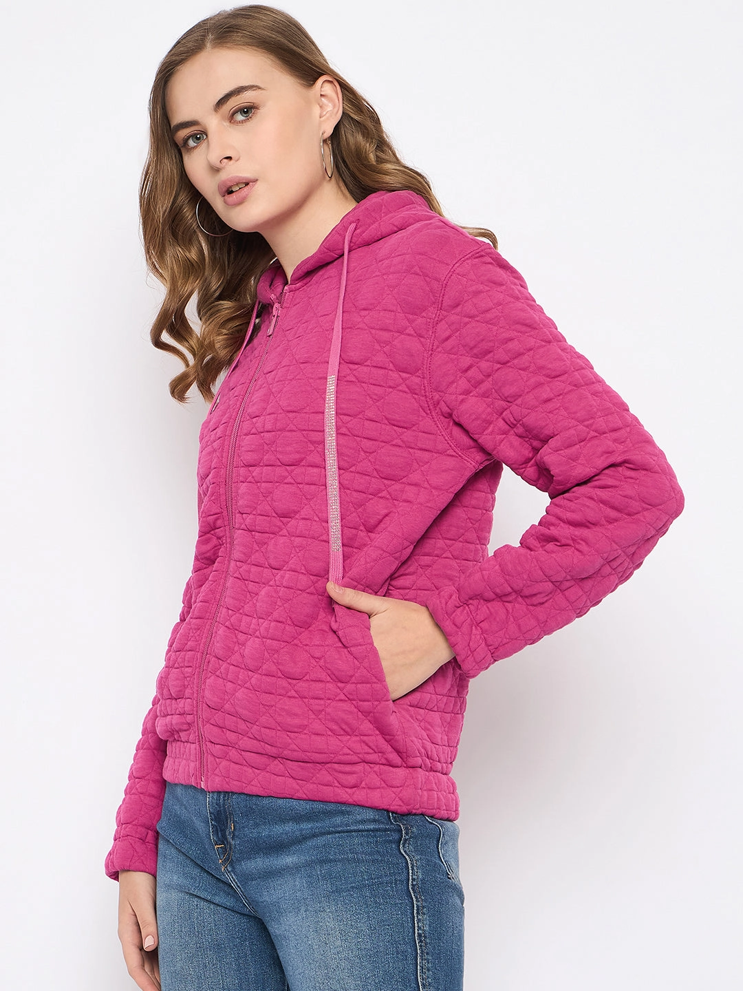 Madame Cotton Blend Self-Textured Zipped Hot Pink Sweatshirt Shiny Finish