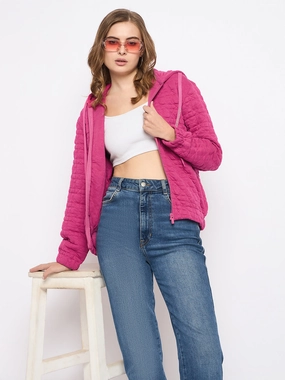 Madame Cotton Blend Self-Textured Zipped Hot Pink Sweatshirt Lightweight Comfort Minimalist Look