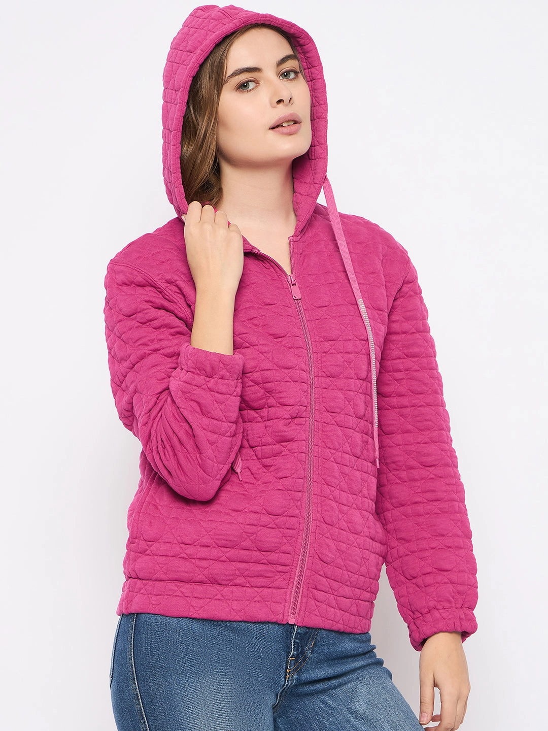 Madame Cotton Blend Self-Textured Zipped Hot Pink Sweatshirt product warranty Chill Wearable