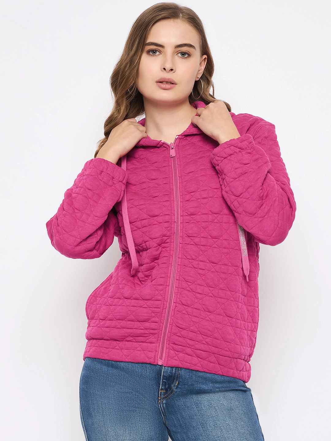 Urban Trend Madame Cotton Blend Self-Textured Zipped Hot Pink Sweatshirt