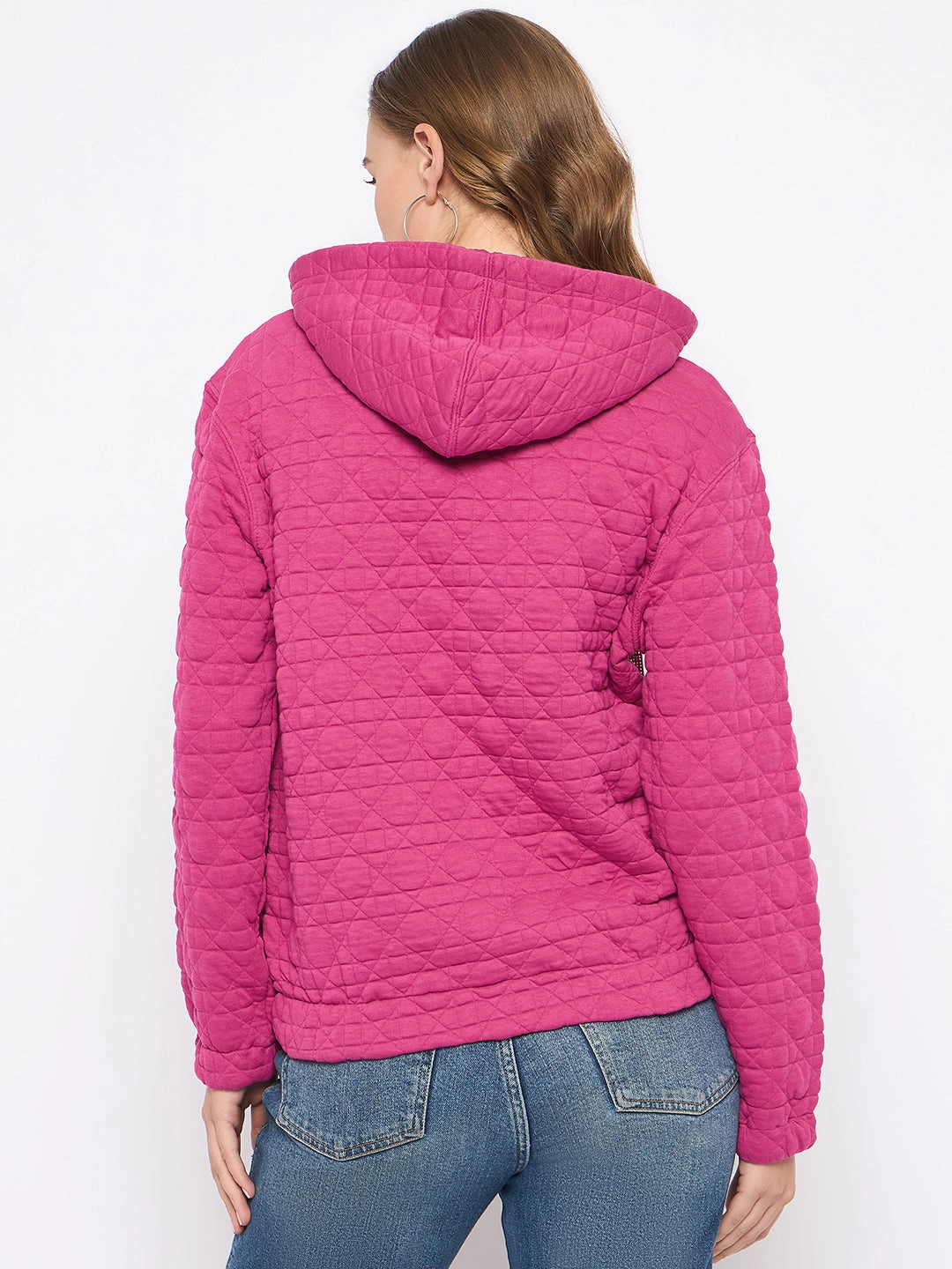 Layer Up Madame Cotton Blend Self-Textured Zipped Hot Pink Sweatshirt