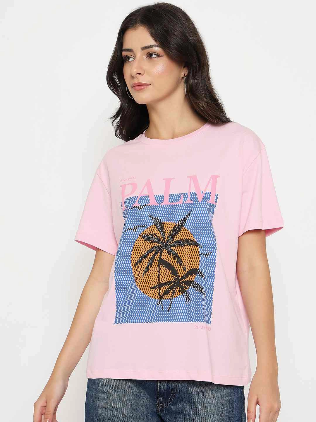 Minimalist fashion Madame Cotton Graphic Print Pink T-shirt