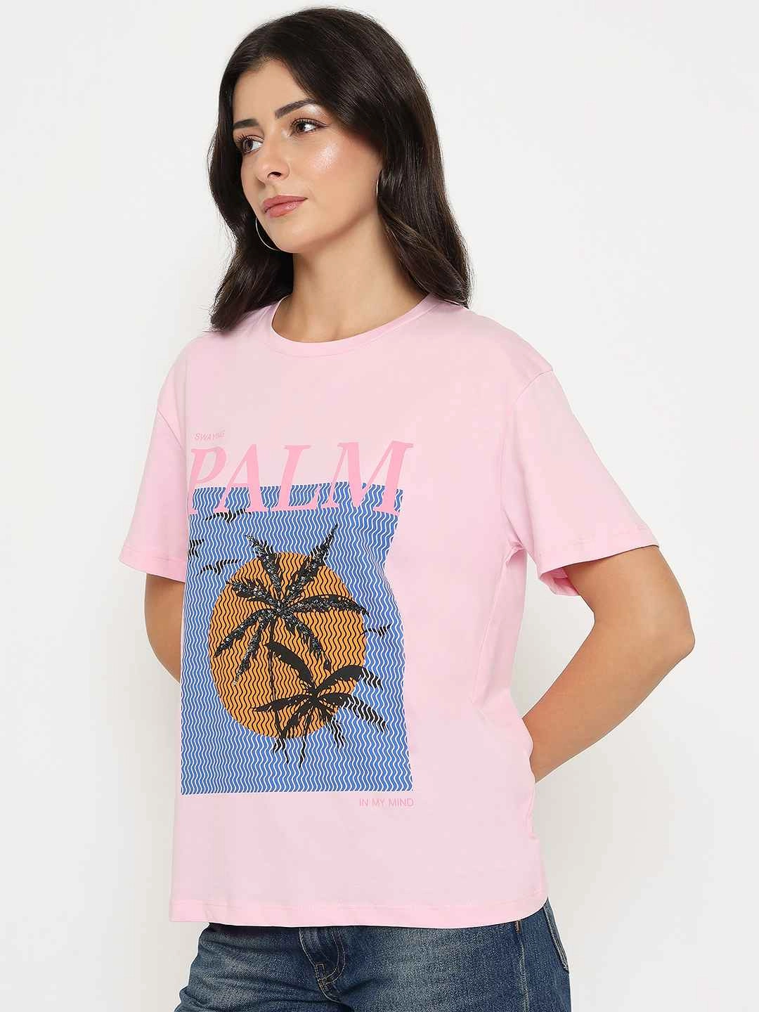 Athletic and Cool Fur combination Madame Cotton Graphic Print Pink T-shirt