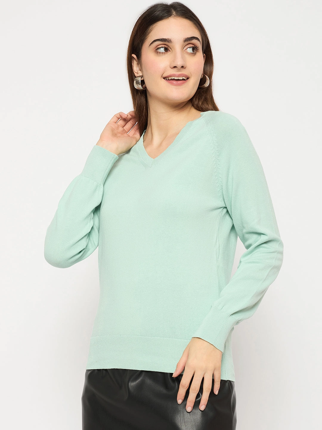 Lattice Stitch Pattern Madame V Neck Skinny Fit Mint Green Sweater