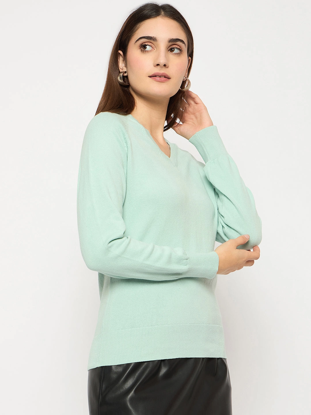Madame V Neck Skinny Fit Mint Green Sweater Knitted Design Drop Shoulder Cut