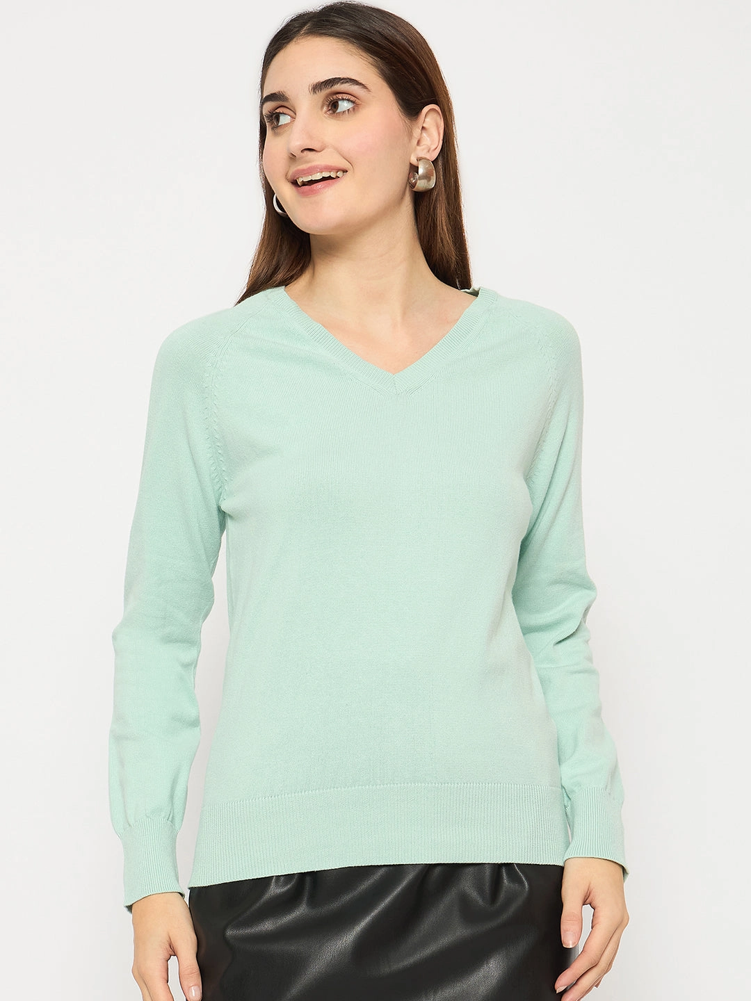 Madame V Neck Skinny Fit Mint Green Sweater Sleek Knit Warm Layer Fit