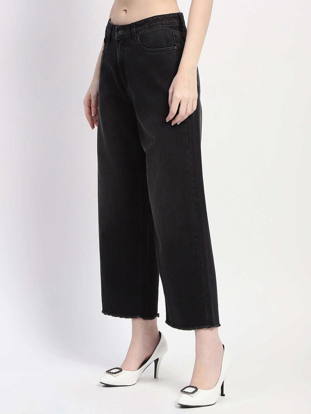 Go Anywhere Look Fashion Lover Youth Style Smooth Madame Frayed Hem Black Flared Denim