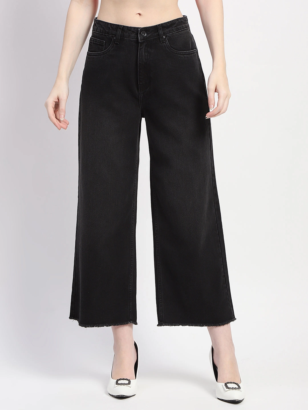 Madame Frayed Hem Black Flared Denim Classic Style Stylish Daily Wear Parent Style