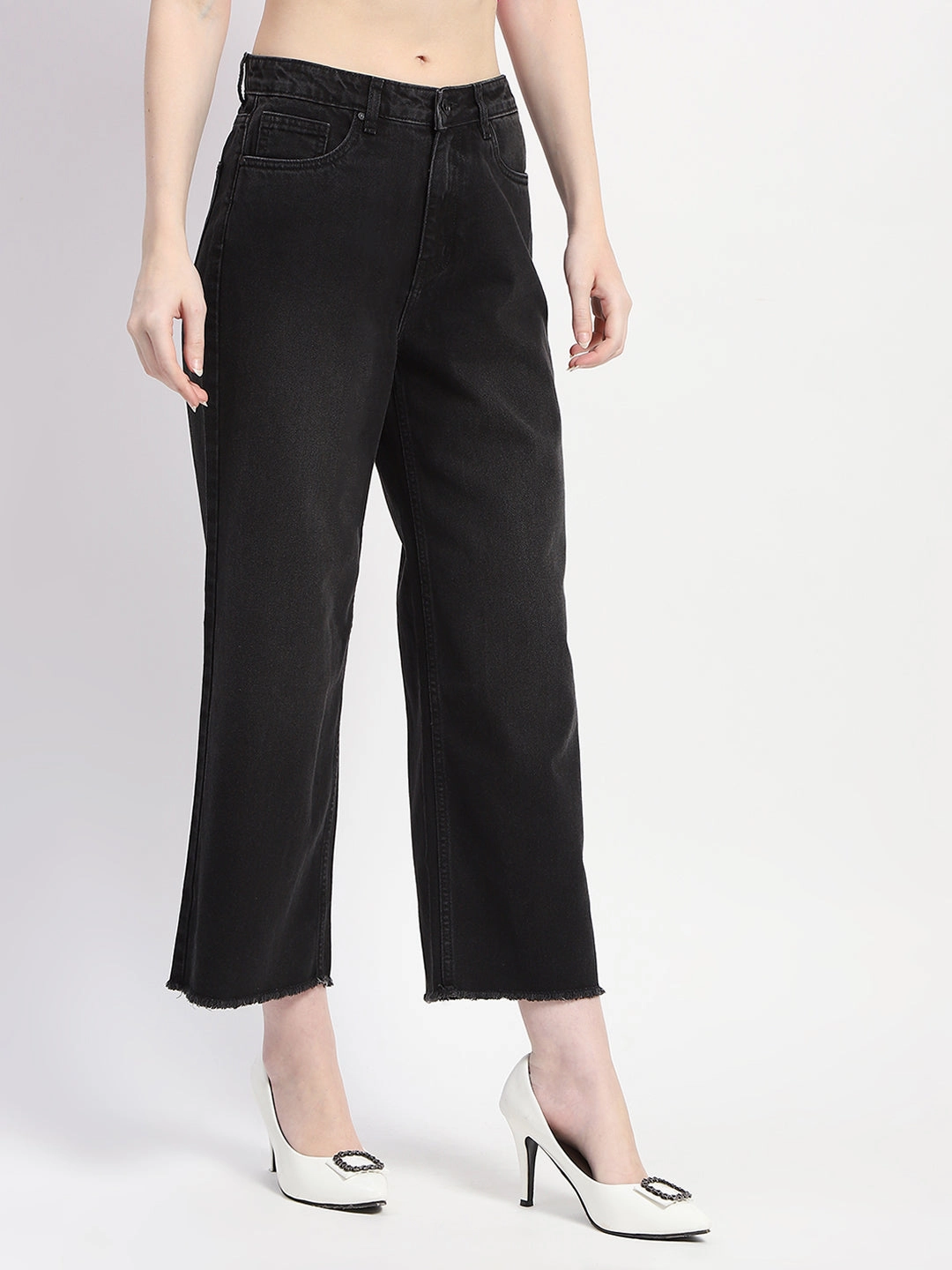 Timeless Fit Madame Frayed Hem Black Flared Denim