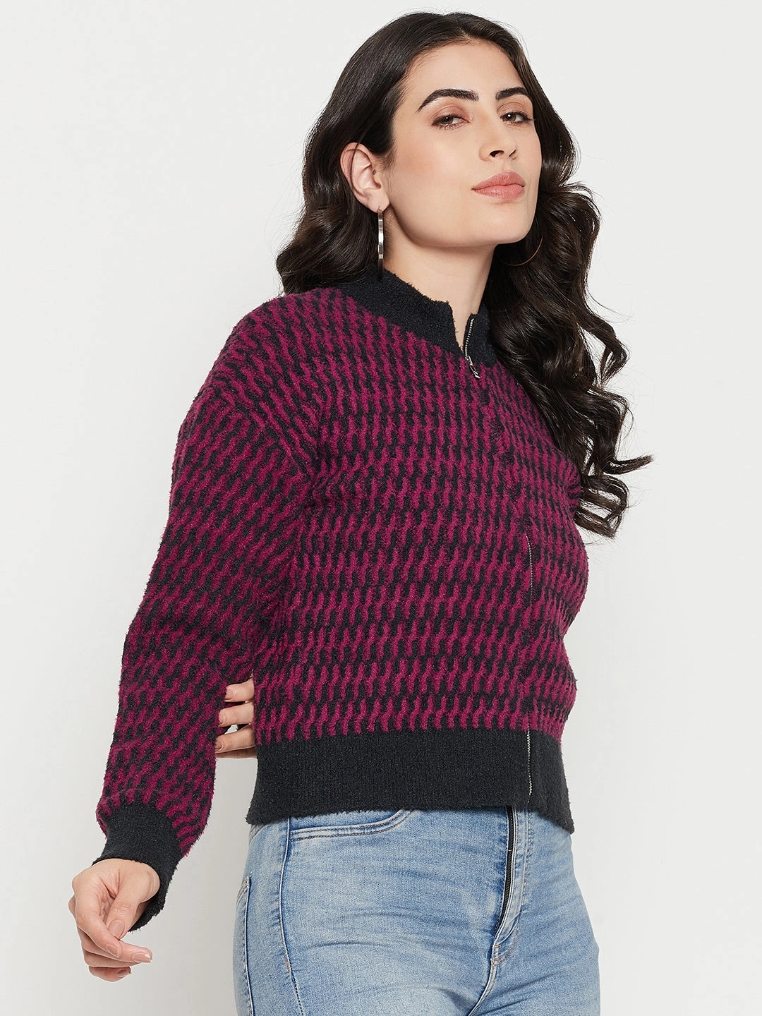 Madame Printed Dark Purple Sweater Perfect for Layering