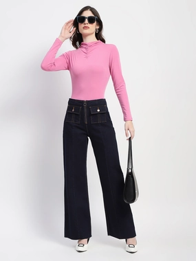 Relaxed Style Neutral Madame Zipped Flap Patch Flared Carbon Blue Denim