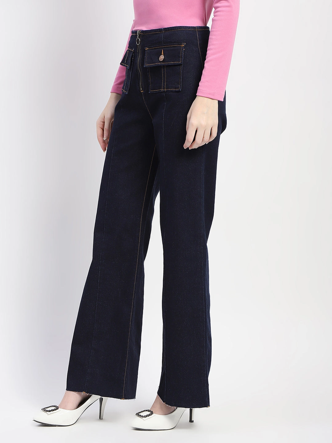 Madame Zipped Flap Patch Flared Carbon Blue Denim Trend Setter Smart Casual Classic Wear