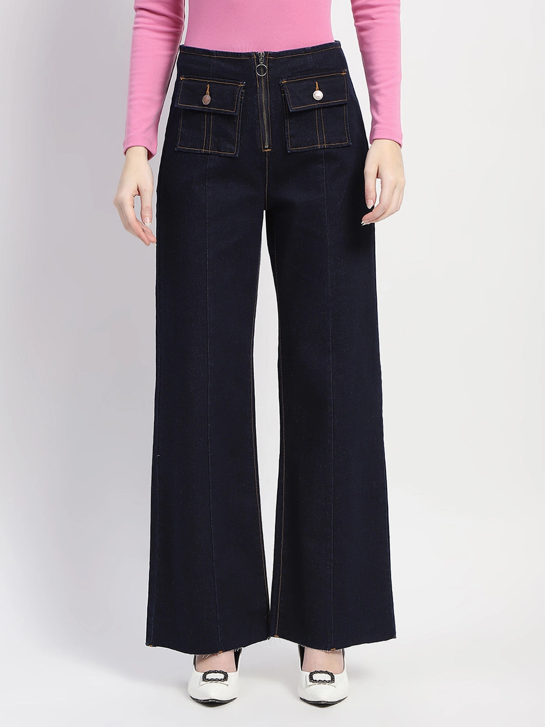 Streetwear Fan Night Out Madame Zipped Flap Patch Flared Carbon Blue Denim
