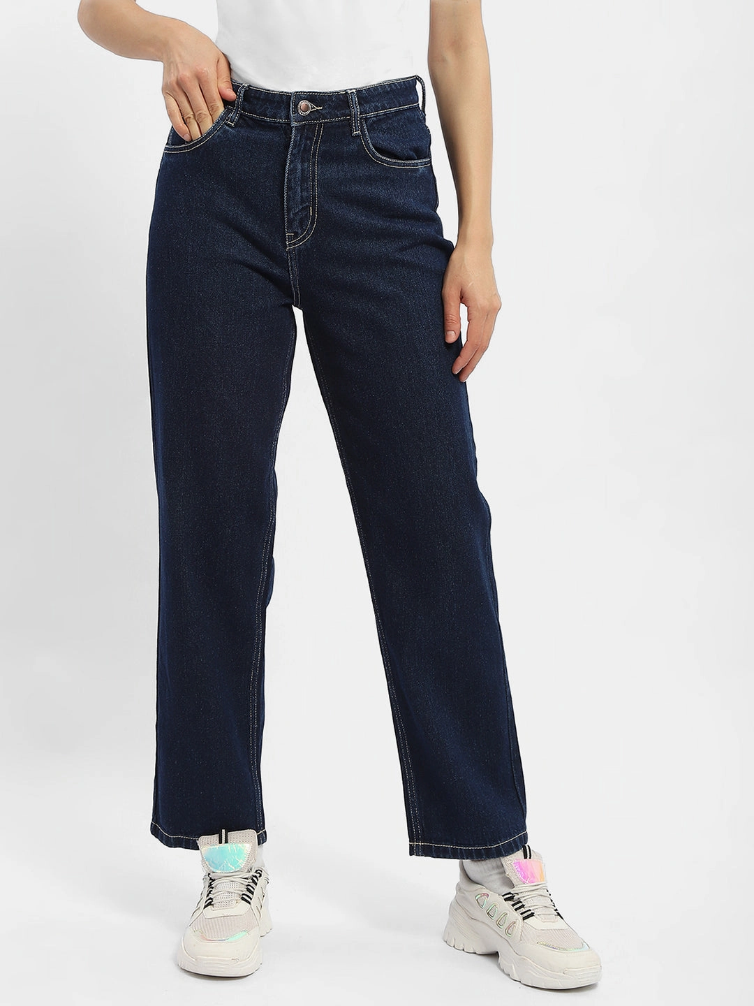 Madame Solid Blue Straight Jeans Fit Essential