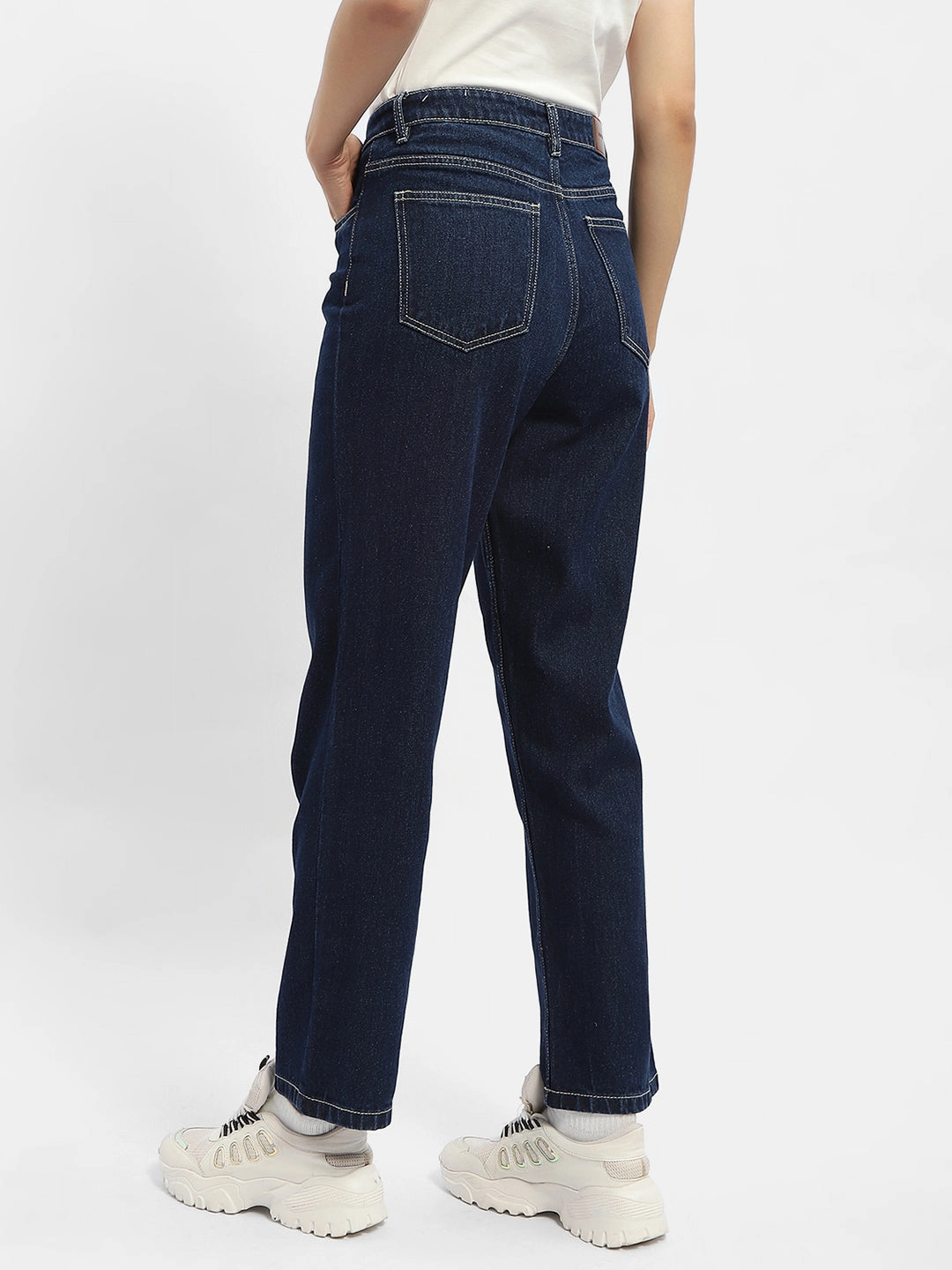 Madame Solid Blue Straight Jeans Smooth Texture
