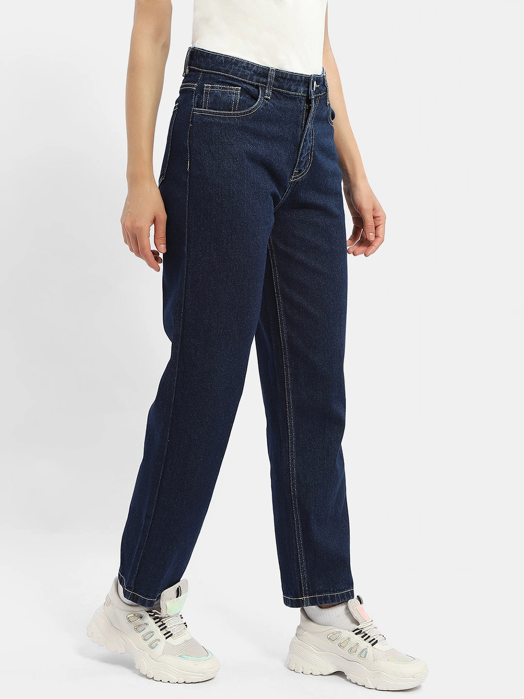 Madame Solid Blue Straight Jeans Chill Outfit Relaxed Style Earthy On-the-Go Look