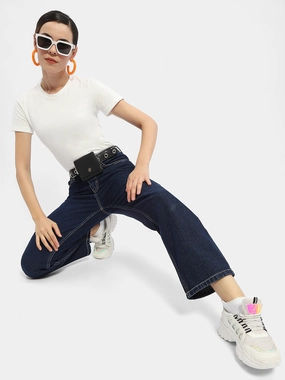 Modern Minimalist Rainy Day Madame Solid Blue Straight Jeans