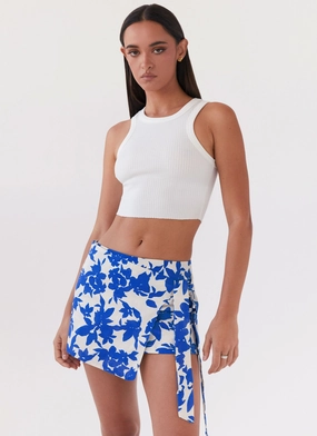 Draped Design Elastic hem Steal Away Linen Wrap Skirt - Blue Floral