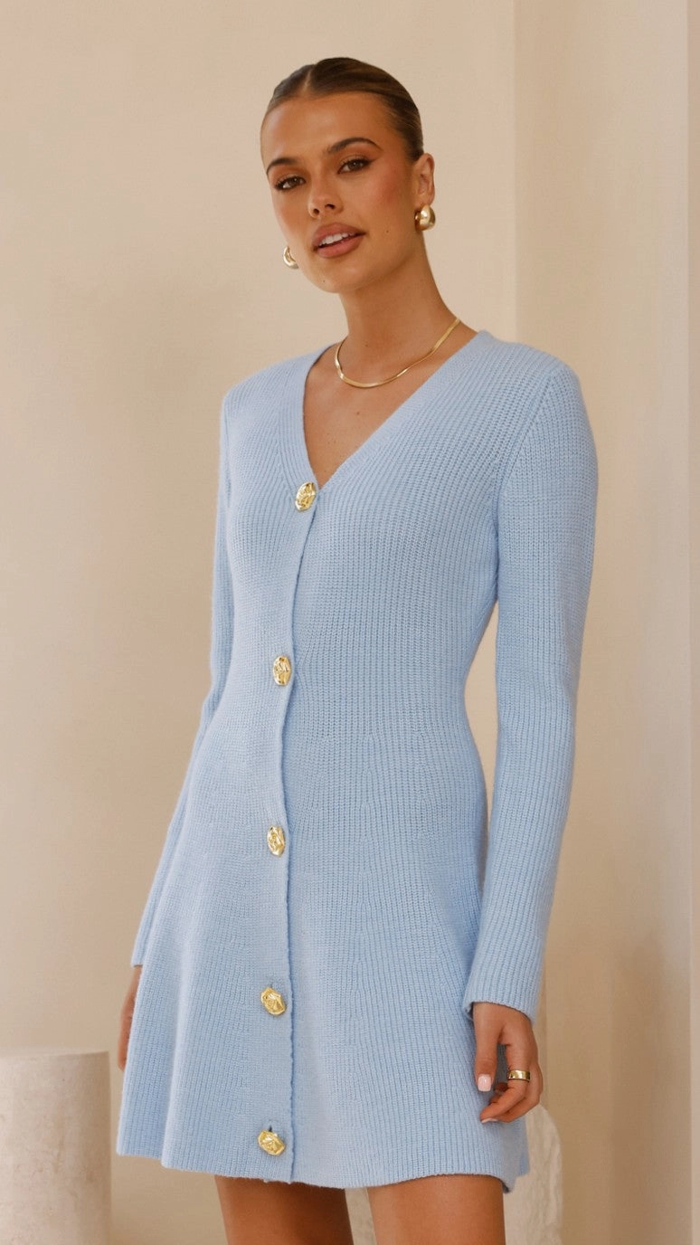 Pink Glow Fitted Shape Catarina Long Sleeve Mini Dress - Blue