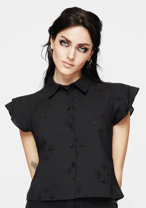 Sleek Style High-Quality Material Crux Broderie Cotton Frill Sleeve Button Up Shirt