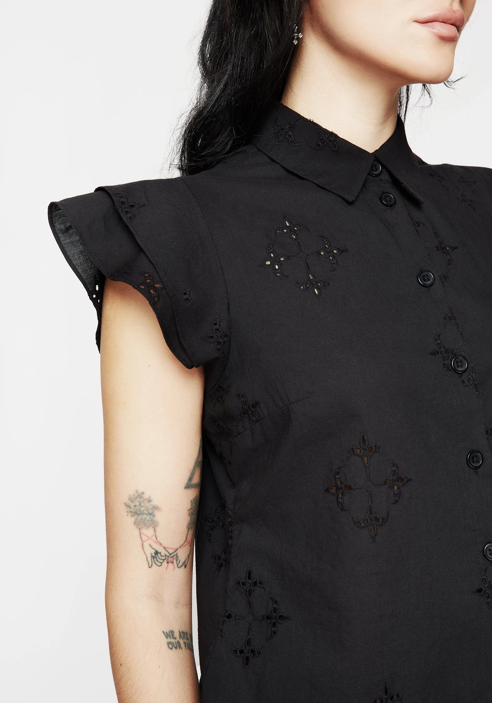 Relaxed Look Crux Broderie Cotton Frill Sleeve Button Up Shirt