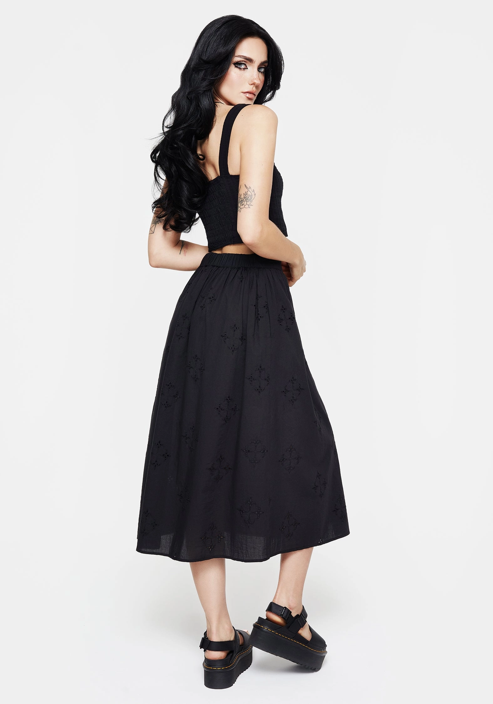Outfit Diary Anti Static Lining Crux Broiderie Cotton Button Up Midi Skirt