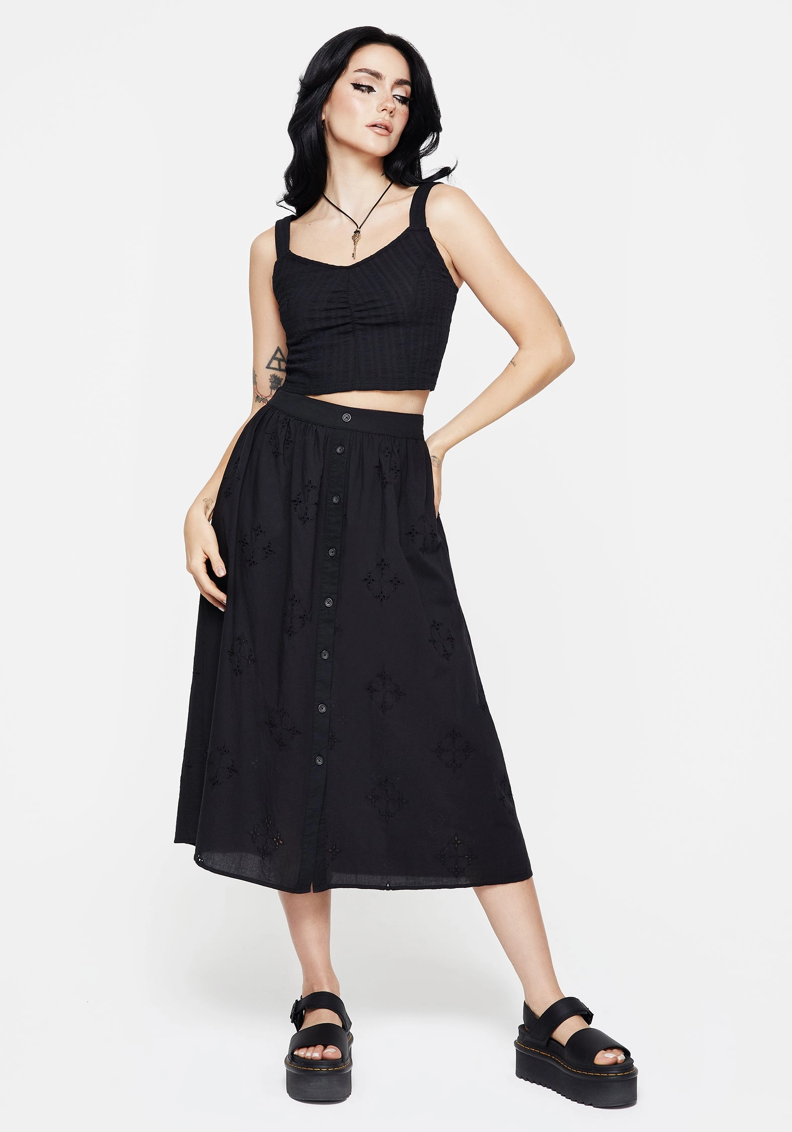 High Waist Cool Details Crux Broiderie Cotton Button Up Midi Skirt